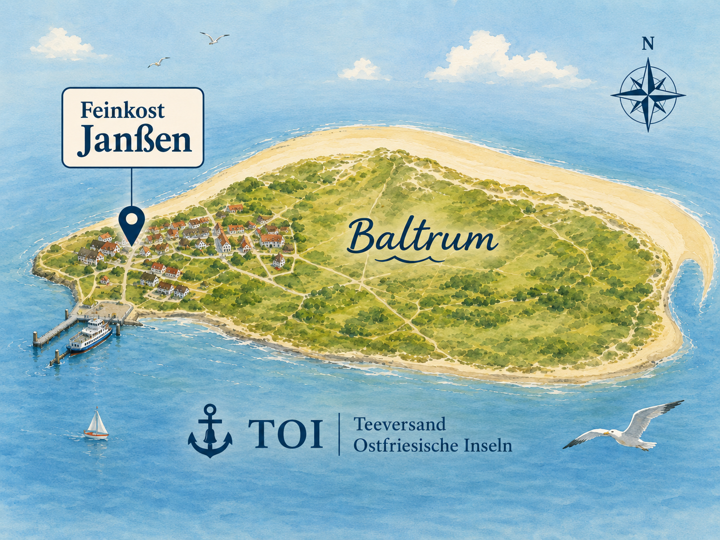 Illustration der Insel Baltrum mit Standort Feinkost Jan&szlig;en und TOI &ndash; Teeversand Ostfriesische Inseln