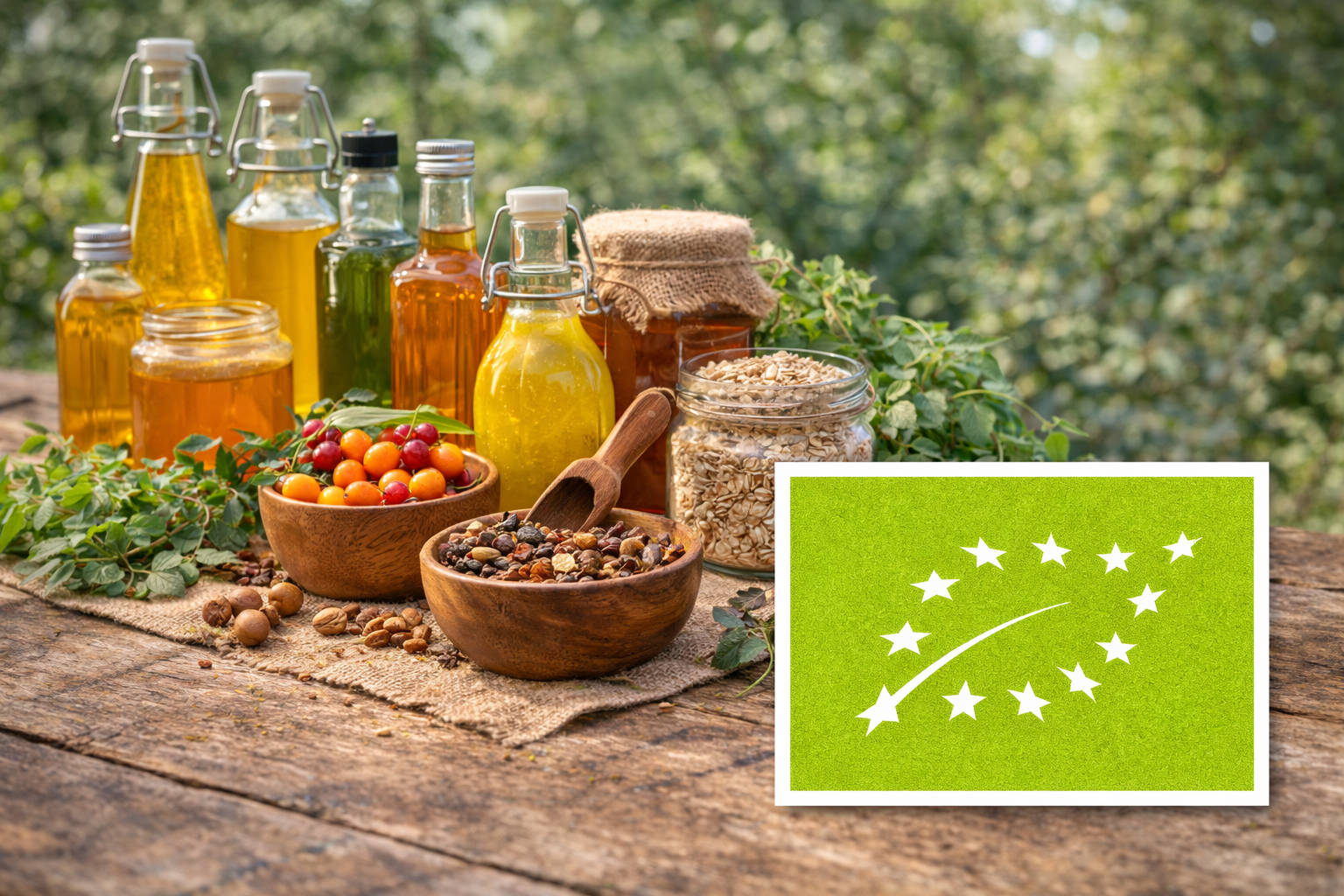 Bio-Produkte aus Tee, Sanddorn und Feinkost mit EU-Bio-Logo
