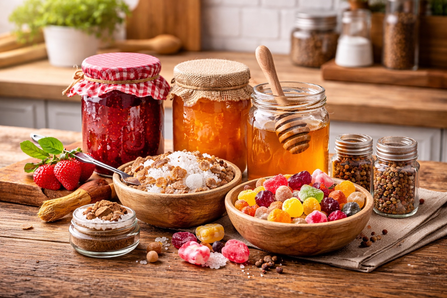 Feinkost, Süßwaren und Aufstriche auf Holztisch