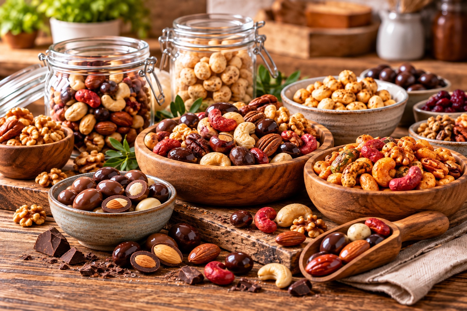 Nüsse und Knabbereien mit Schokolade und roten Cashewkernen