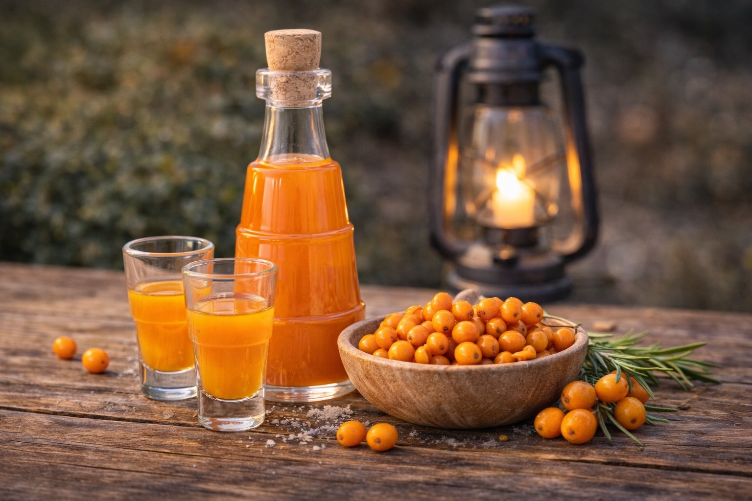 Sanddornsaft in Gläsern und Flasche