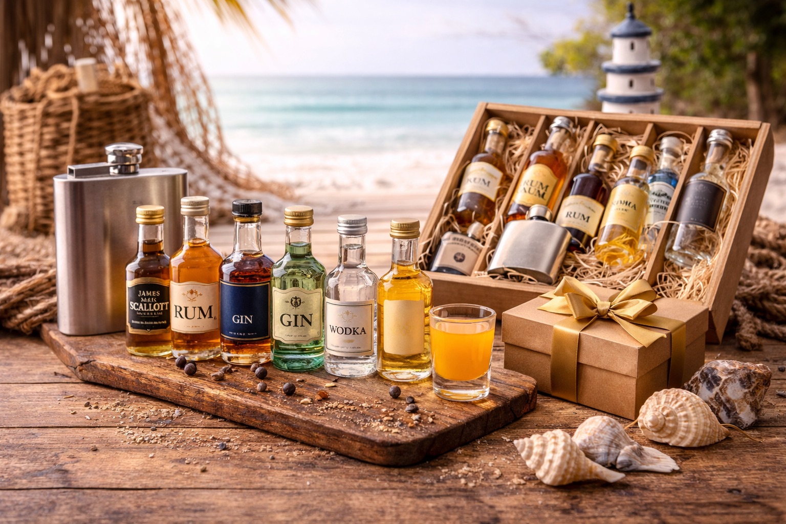 Spirituosen-Geschenkset und Miniaturen auf Holztisch