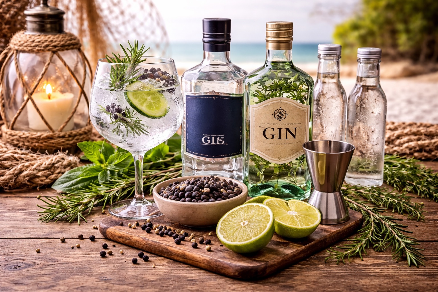 Ginflaschen und Gin-Glas mit Limette