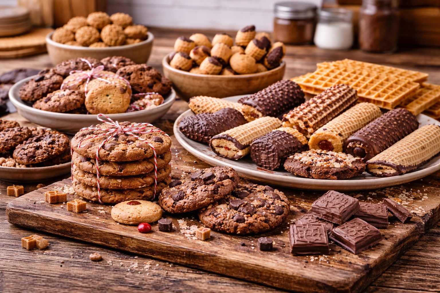 Kekse und Gebäck auf Holztisch