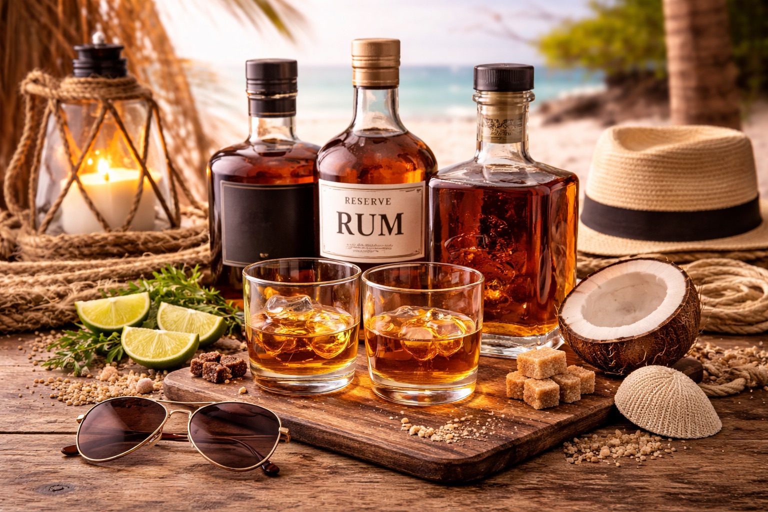 Rumflaschen und Gläser auf Holztisch