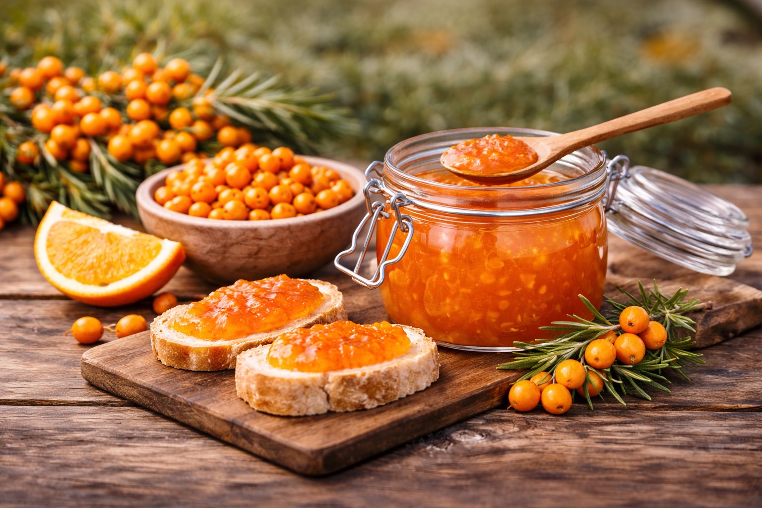 Sanddornbeeren, Brot und Konfitüre