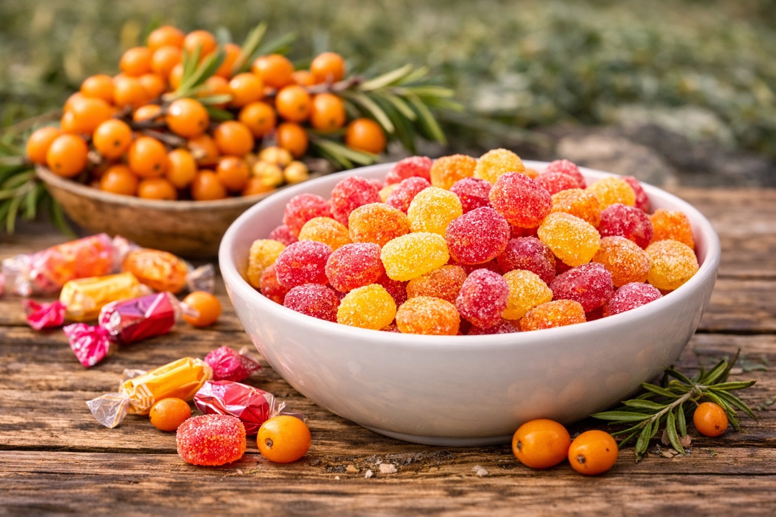 Fruchtgummi in Schale mit Sanddornbeeren