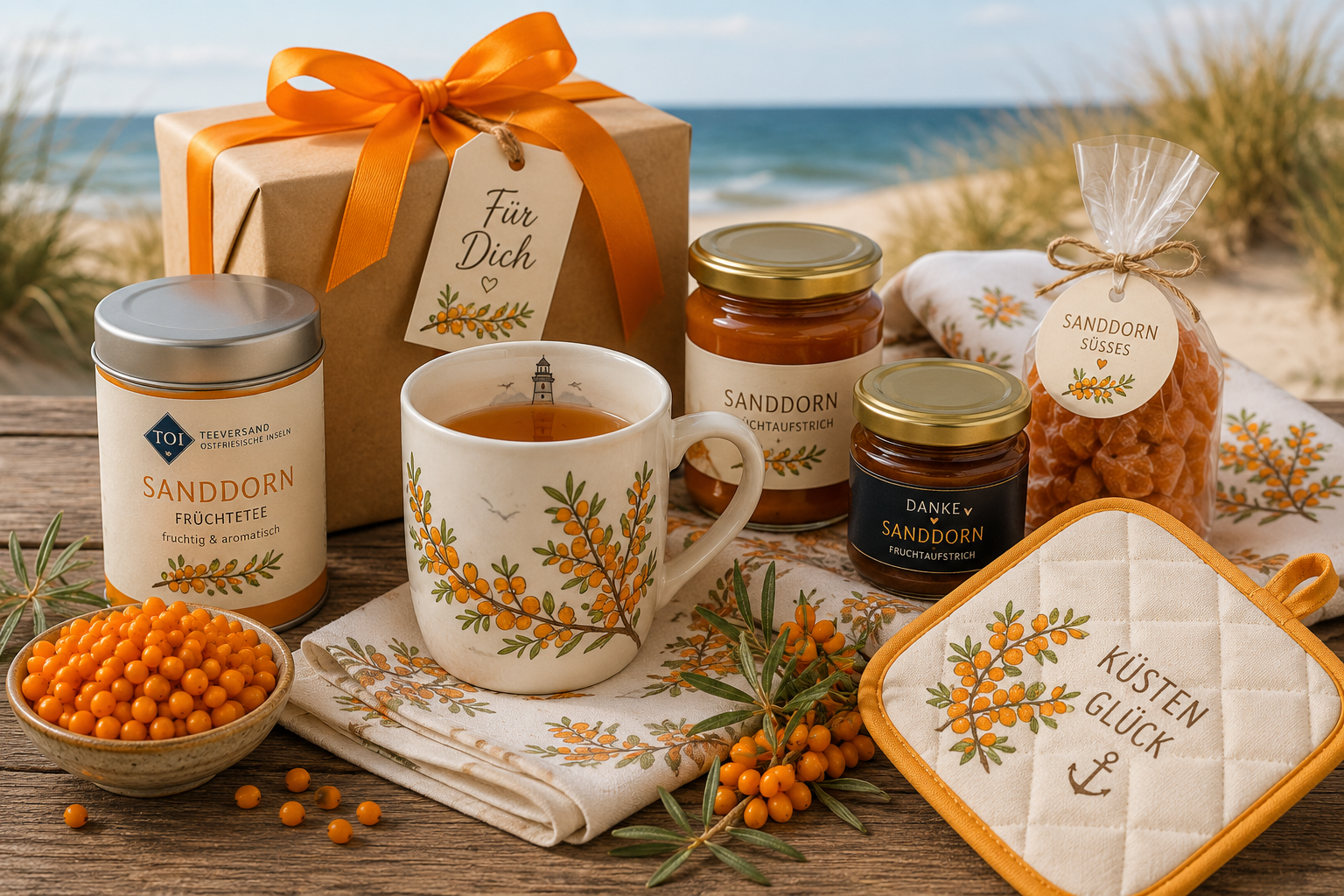 Sanddorn Geschenke mit maritimen Hintergrund