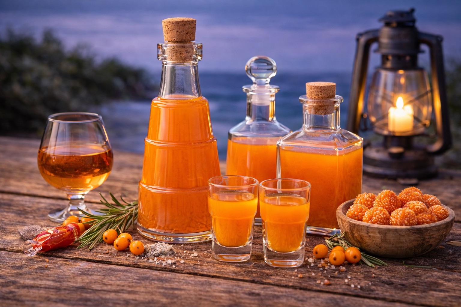 Flaschen und Gläser mit Sanddorn Sprirituosen
