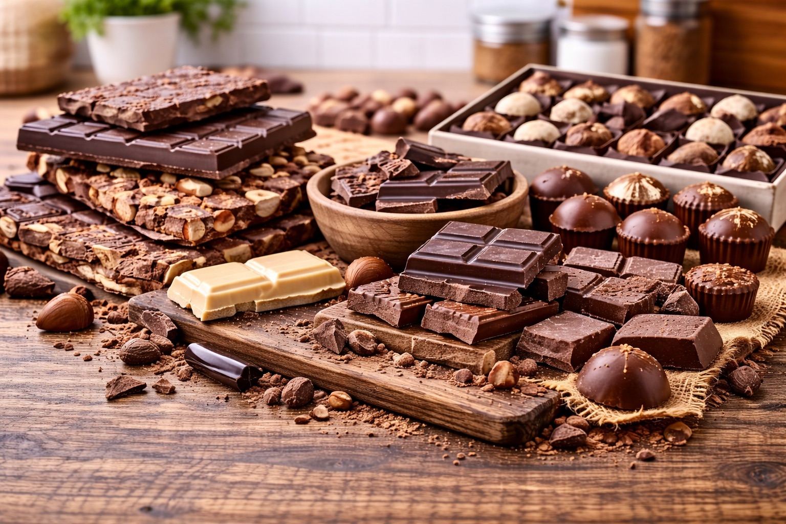Schokolade und Pralinen auf Holztisch
