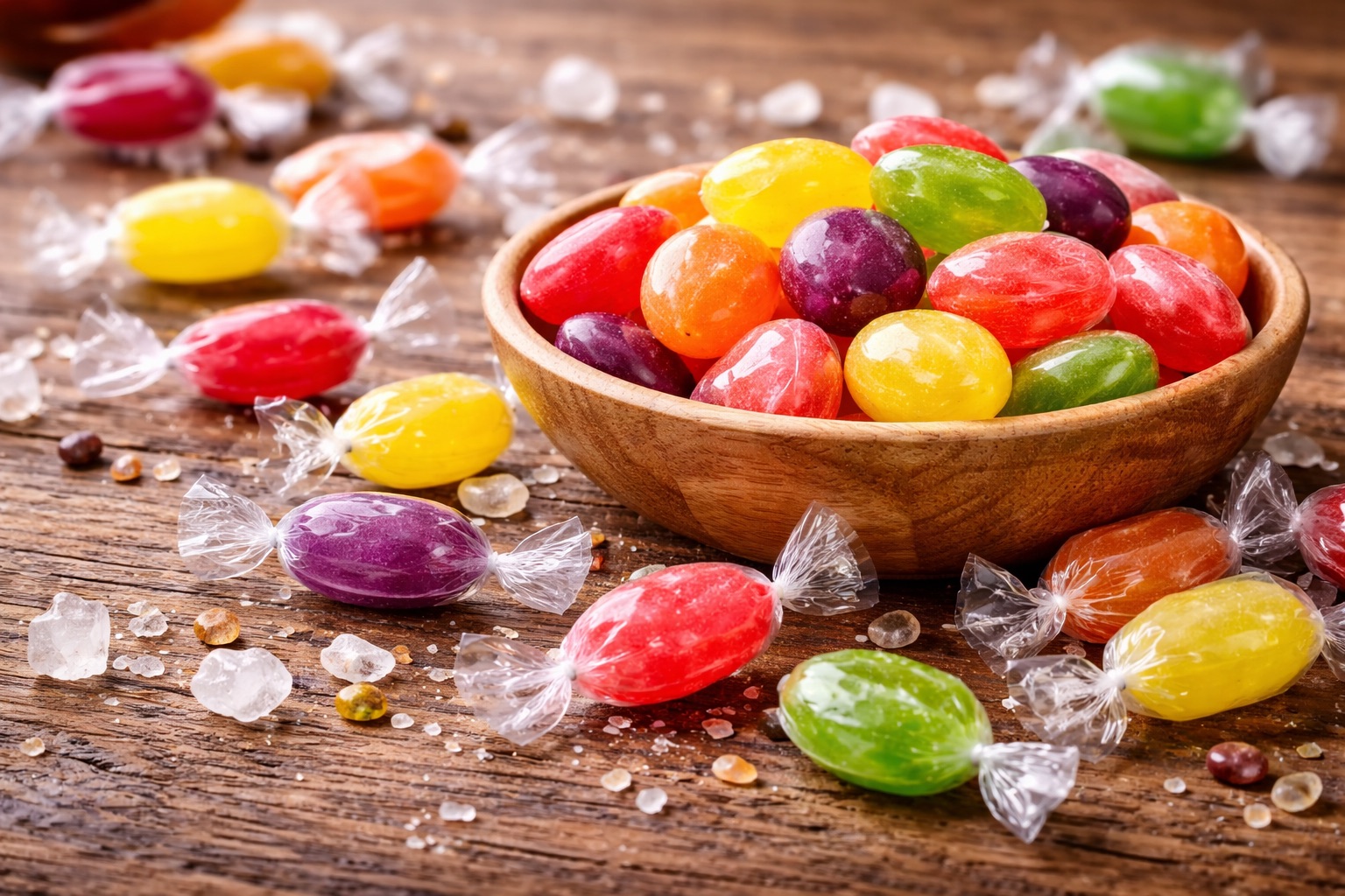 Bunte Bonbons in Schale auf Holztisch
