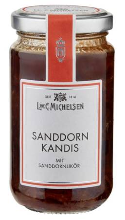 Sanddorn-Kandis Goldnektar 250g im Glas mit weißem Kandis in Sanddornlikör