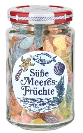 Maritime Frucht-Bonbons im Glas mit Süße-Meeresfrüchte-Etikett