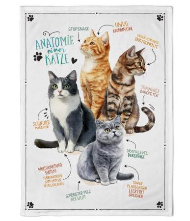 Geschirrtuch Samtpfoten aus Baumwolle mit mehreren liebevoll illustrierten Katzen und humorvollen Beschriftungen