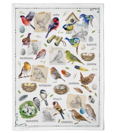 Geschirrtuch Vogelkunde aus Baumwolle mit verschiedenen heimischen Vogelarten, Nestern und Naturdetails