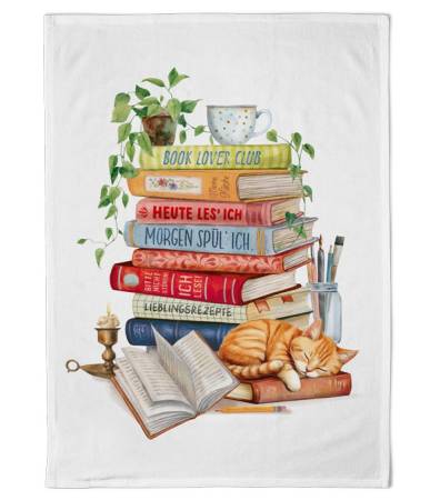 Geschirrtuch Booklover aus Baumwolle mit Bücherstapel, Teetasse, Pflanze und schlafender Katze