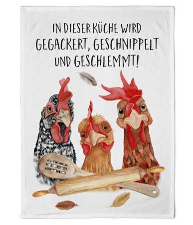 Geschirrtuch Verrückte Hühner aus Baumwolle mit drei Hühnern und humorvollem Küchenspruch