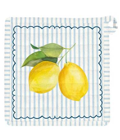 Quadratischer Topflappen Blaubeertraum aus Baumwolle mit vielen illustrierten Blaubeeren und grünen Blättern