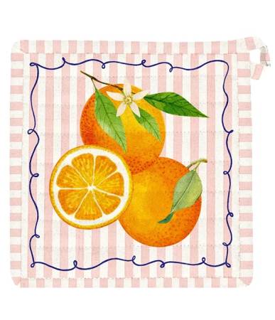 Quadratischer Topflappen Sommerlaune Orange aus Baumwolle mit Orangen, Orangenscheibe und Blättern auf zartem Streifenhintergrund