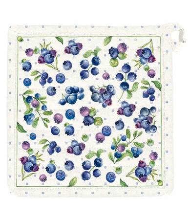 Quadratischer Topflappen Blaubeertraum aus Baumwolle mit vielen illustrierten Blaubeeren und grünen Blättern