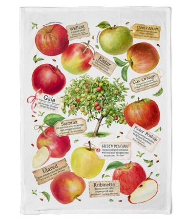 Geschirrtuch Apfelwissen aus Baumwolle mit verschiedenen illustrierten Apfelsorten und kleinem Obstbaum