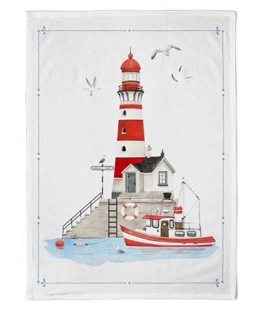 Geschirrtuch Küstenstädtchen aus Baumwolle mit Leuchtturm, Boot und maritimem Küstenmotiv