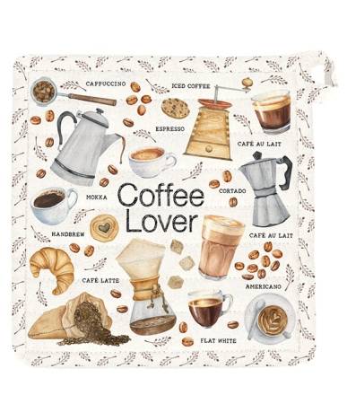 Quadratischer Topflappen Coffee Lover aus Baumwolle mit verschiedenen Kaffee-Motiven und Kaffeebohnen