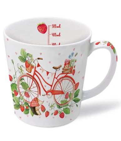 Becher 500 ml Erdbeerpicknick Fine Bone China mit Erdbeer und Fahrrad Motiv
