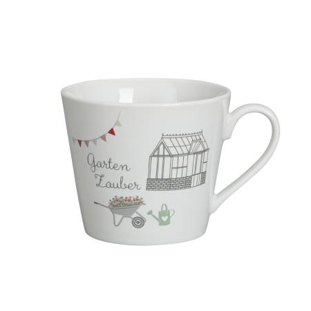Porzellanbecher mit Gartenmotiv und Gewächshaus