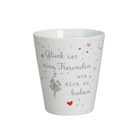 Porzellanbecher mit Freundschaftsspruch und Kleeblatt