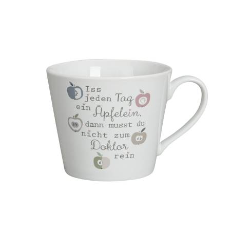 Porzellanbecher mit Apfelmotiv und Spruch