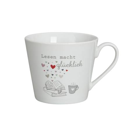 Porzellanbecher mit Buchmotiv und Spruch Lesen macht glücklich