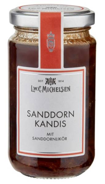 Sanddorn-Kandis Goldnektar 250g im Glas mit weißem Kandis in Sanddornlikör