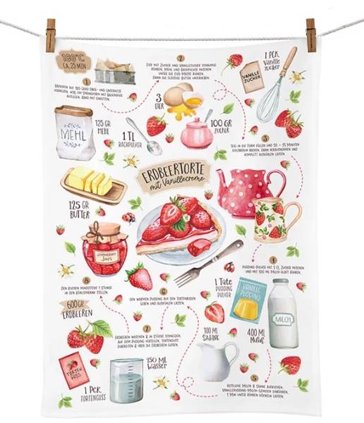 Geschirrtuch Erdbeerkuchen aus Baumwolle mit Erdbeeren, Backzutaten und Rezeptmotiv