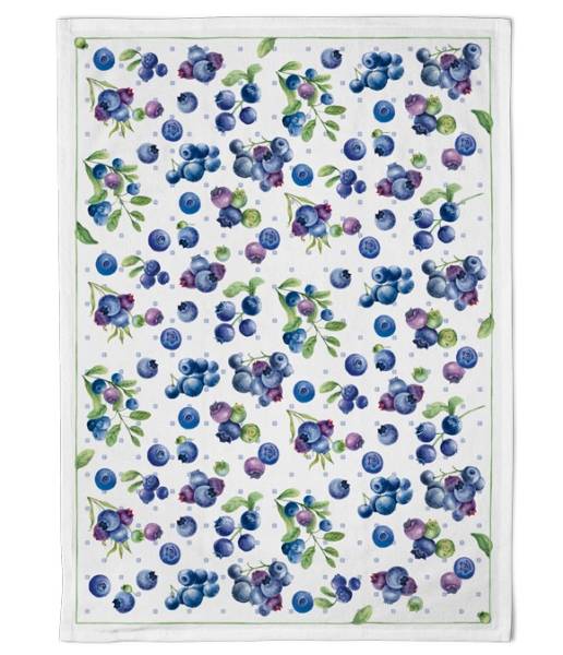 Geschirrtuch Blaubeertraum aus Baumwolle mit vielen illustrierten Blaubeeren und grünen Blättern