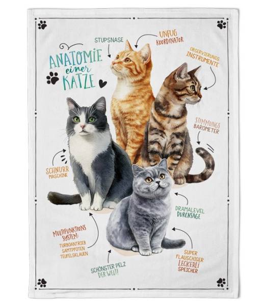Geschirrtuch Samtpfoten aus Baumwolle mit mehreren liebevoll illustrierten Katzen und humorvollen Beschriftungen