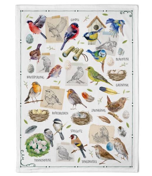 Geschirrtuch Vogelkunde aus Baumwolle mit verschiedenen heimischen Vogelarten, Nestern und Naturdetails