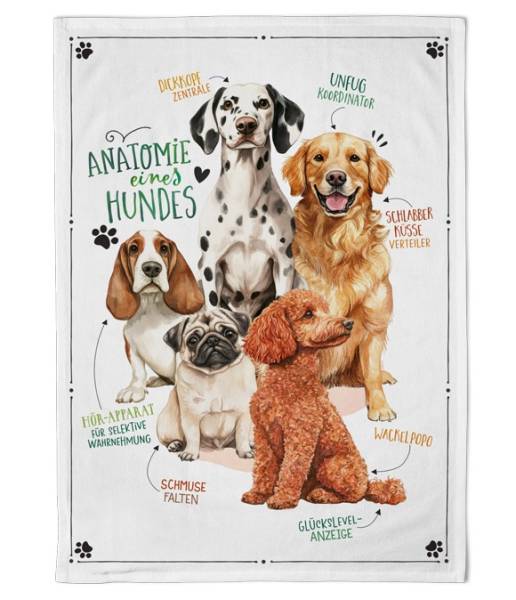 Geschirrtuch Hundebande aus Baumwolle mit mehreren liebevoll illustrierten Hunden und humorvollen Beschriftungen
