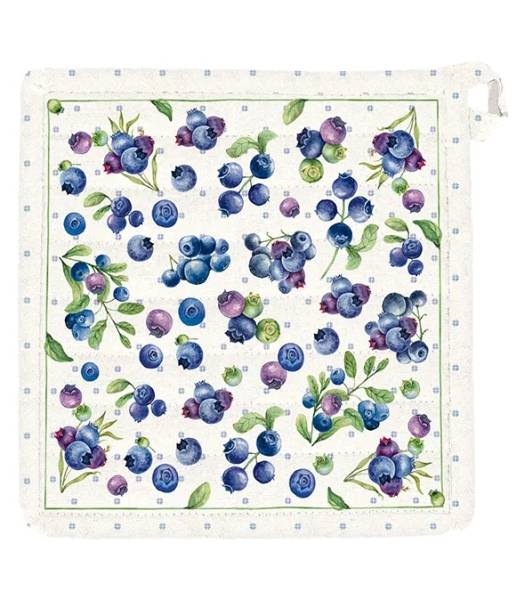 Quadratischer Topflappen Blaubeertraum aus Baumwolle mit vielen illustrierten Blaubeeren und grünen Blättern
