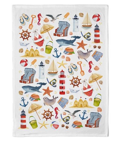 Geschirrtuch Tag am Meer aus Baumwolle mit Leuchttürmen, Strandkörben, Segelbooten und maritimen Küstenmotiven