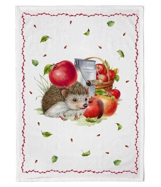 Geschirrtuch Igel und Äpfel aus Baumwolle mit liebevollem Igel- und Apfelmotiv
