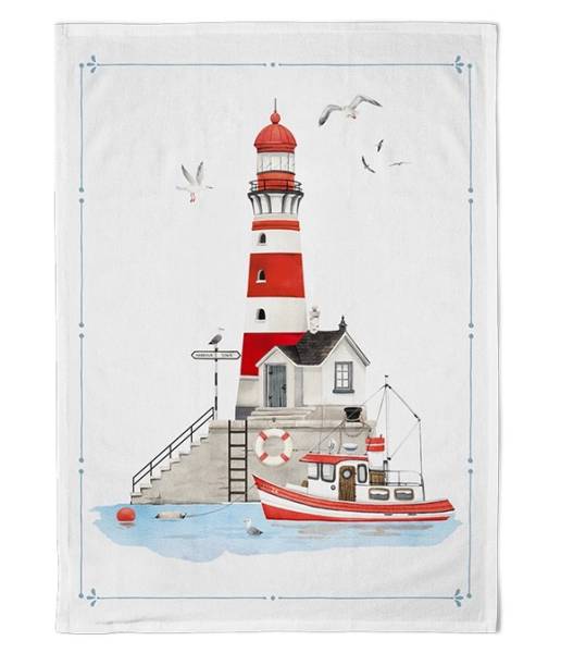 Geschirrtuch Küstenstädtchen aus Baumwolle mit Leuchtturm, Boot und maritimem Küstenmotiv