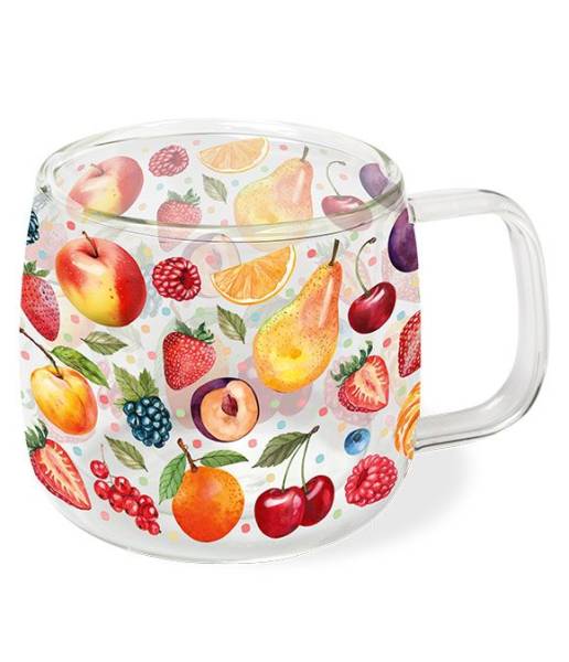 Doppelwandiges Glas aus Borosilikatglas mit farbenfrohem Obstmotiv