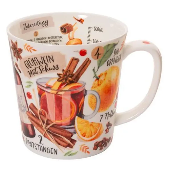 Großer Becher aus Fine Bone China mit winterlichem Glühwein-Rezept-Motiv
