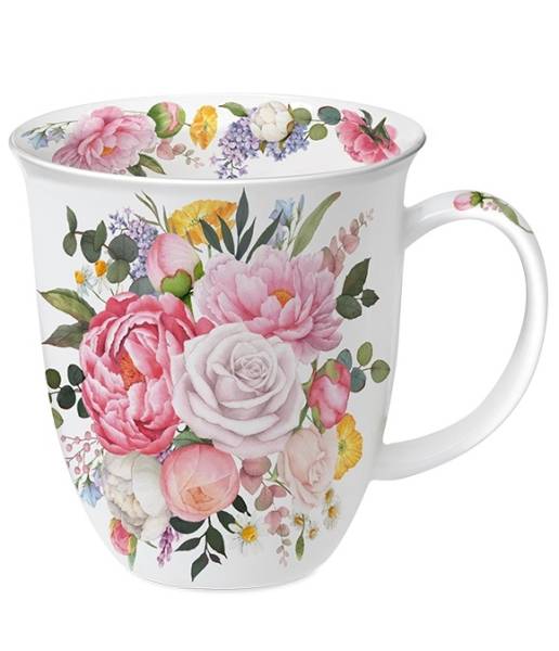 Becher 400 ml Pfingstrosen Fine Bone China mit floralem Blütenmotiv
